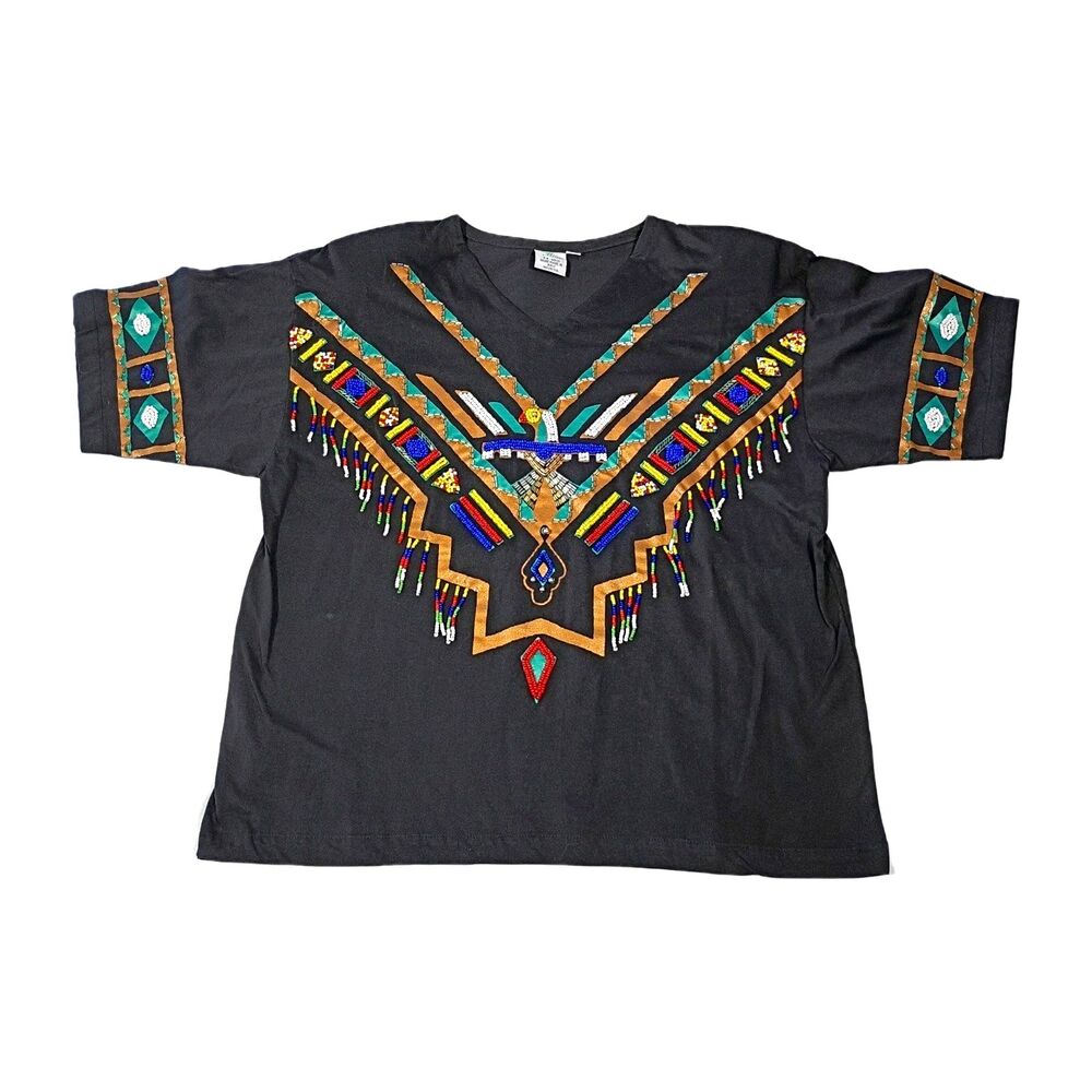 Bali Moon Vintage Beaded Southwestern T Shirt Women's M Eagle Tribal 100% Cotton